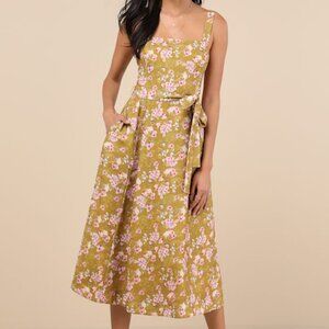 NWT Lulus Sunny Posture Chartreuse Floral Sleeveless Midi Dress Green - Size M